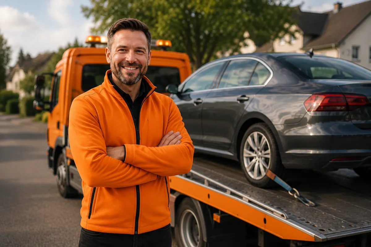 Vertrauensauto Mitarbeiter vor Abschleppfahrzeug mit angekauftem Auto