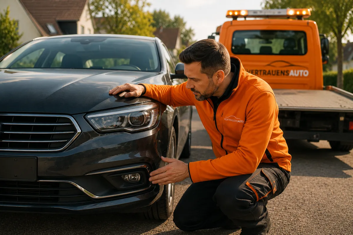 Mitarbeiter prüft die Fahrzeugfront beim Autoankauf