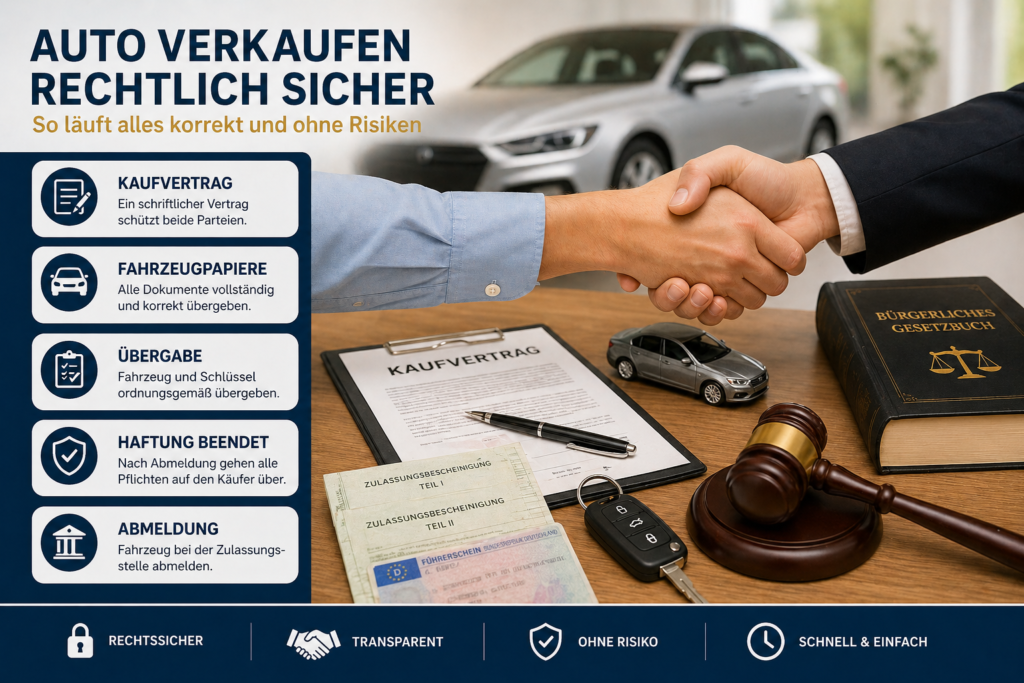 Auto verkaufen rechtlich sicher mit Vertragsunterlagen Autoschlüssel und Händedruck für seriösen Autoankauf in Deutschland