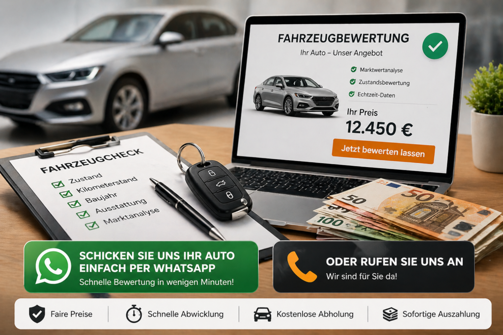 Auto bewerten Prozess mit Laptop Bewertungssystem Autoschlüssel und Bargeld für schnellen Autoankauf in Deutschland